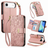 iPhone Air Pungetui med blomster- og bladmønster med lynlåslomme og håndledsrem - Pink
