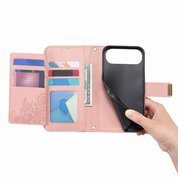 iPhone Air Pungetui med blomster- og bladmønster med lynlåslomme og håndledsrem - Pink