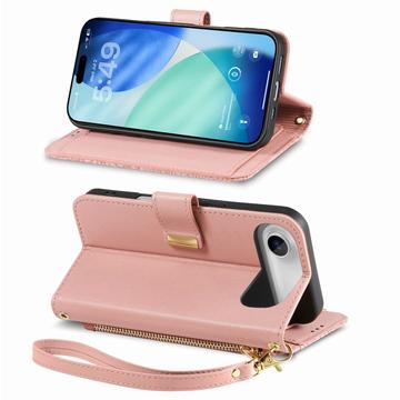 iPhone Air Pungetui med blomster- og bladmønster med lynlåslomme og håndledsrem - Pink