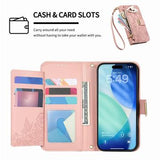 iPhone Air Pungetui med blomster- og bladmønster med lynlåslomme og håndledsrem - Pink