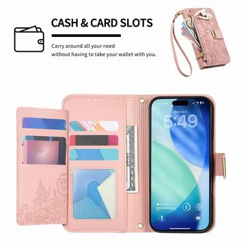 iPhone Air Pungetui med blomster- og bladmønster med lynlåslomme og håndledsrem - Pink