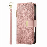 iPhone Air Pungetui med blomster- og bladmønster med lynlåslomme og håndledsrem - Pink
