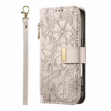 iPhone Air Pungetui med blomster- og bladmønster med lynlåslomme og håndledsrem - hvid