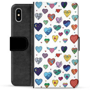 iPhone X / iPhone XS Premium Flip Cover med Pung - Hjerter