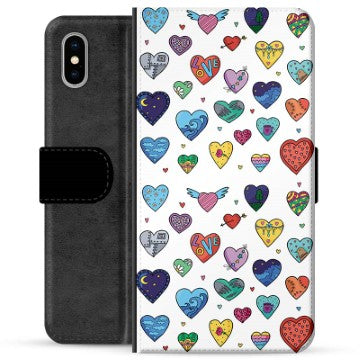 iPhone X / iPhone XS Premium Flip Cover med Pung - Hjerter